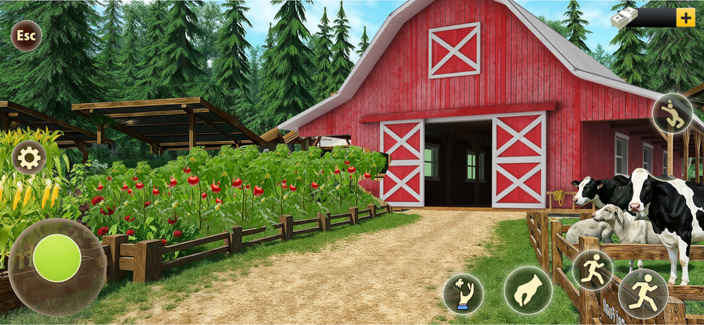 Ranch Farm Store Animal Sim 25 - Vista del juego de un corral de ganado de granero rojo y un huerto en un simulador de rancho