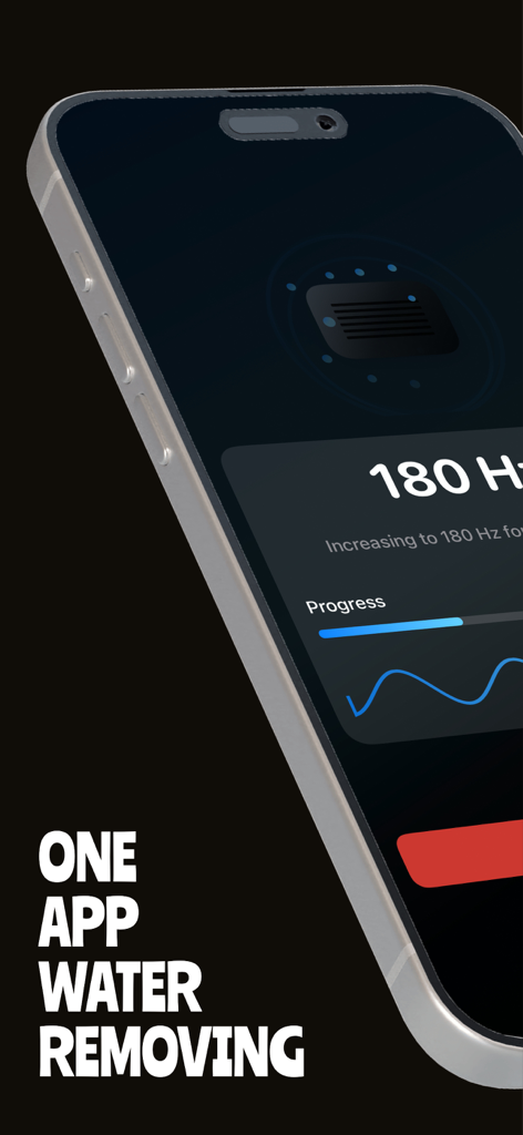 Get Water Out Of Phone: WaveAI - WaveAI app interface on an iPhone showing the water removal process with a sound frequency of 180 Hz and a progress bar