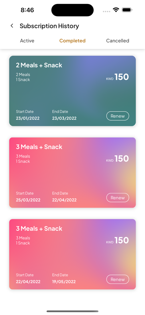 Una pantalla móvil que muestra el historial de suscripción de la app Love Diet Food con varios paquetes de planes de comidas completados y botones de renovación.