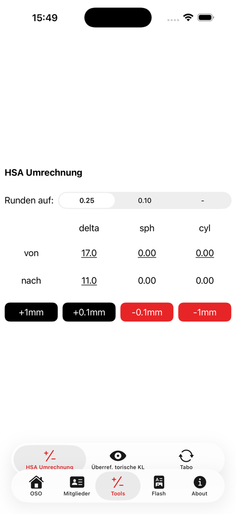 iOSO Optometry Switzerland - Vertex distance conversion tool in the iOSO Optometry Switzerland app interface.