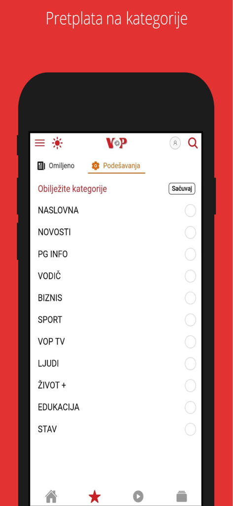 Screenshot of the VOP news app category selection menu showing various news topics for personalized updates