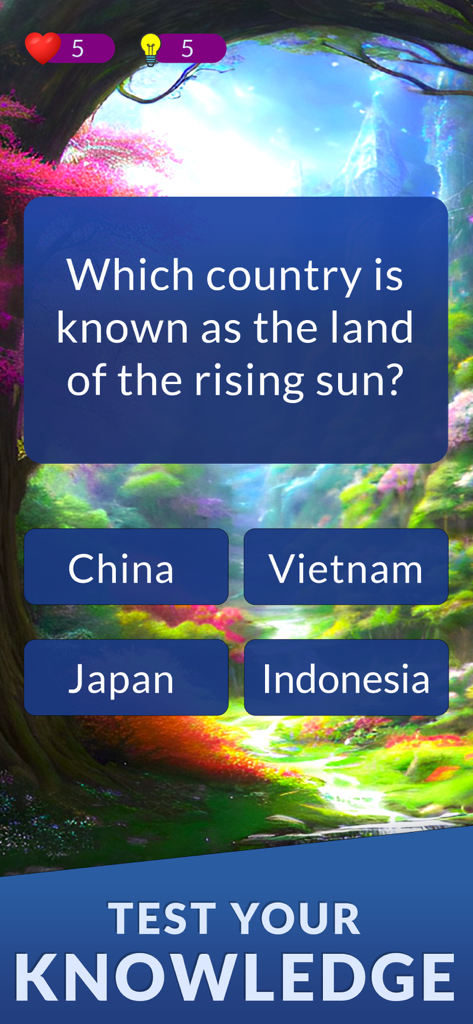 Uma pergunta de trivia de geografia no aplicativo QuiDiDo perguntando qual país é conhecido como a terra do sol nascente com opções de múltipla escolha.