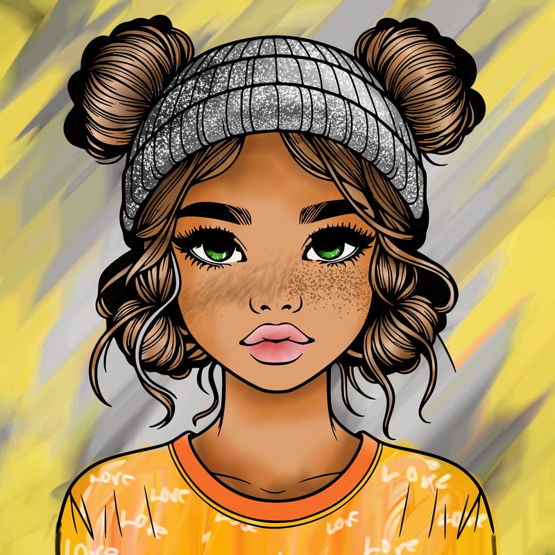realistic girl with buns in her hair with a beanie on
