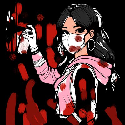 realistic girl with mask spray painting a wall