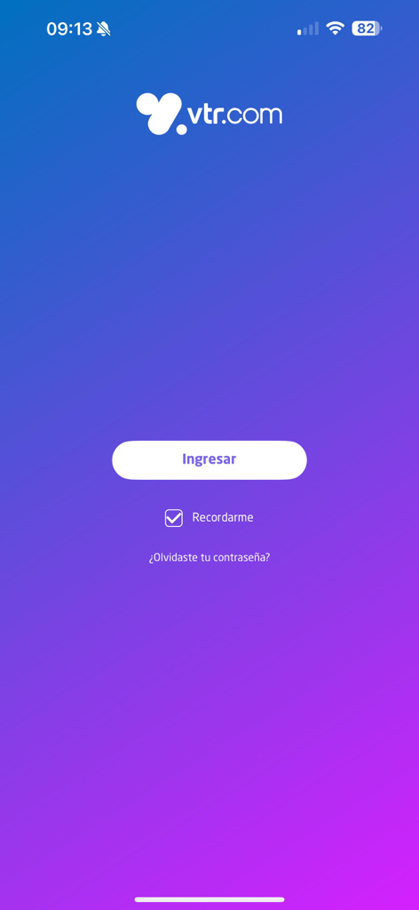 Pantalla de inicio de sesión de la aplicación VTR con fondo degradado púrpura y botón Ingresar