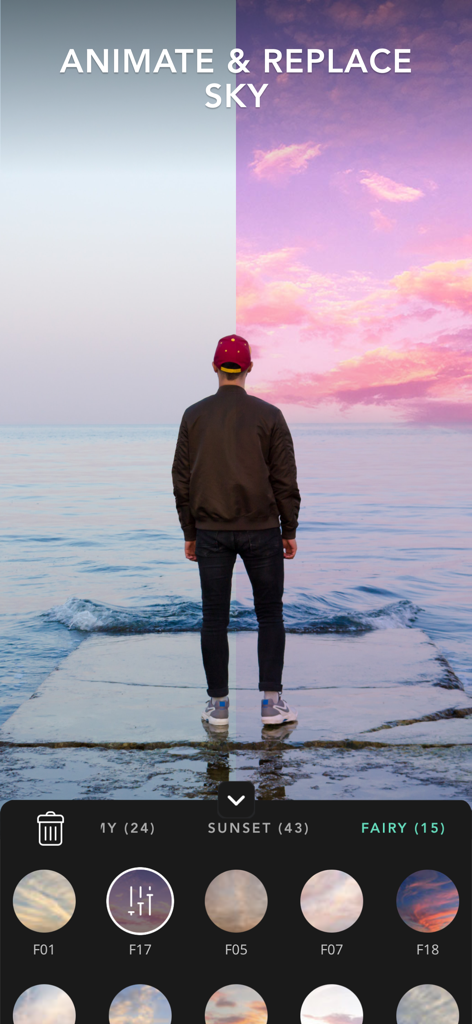 Before and after comparison of AI sky replacement using a sunset filter on a beach photo