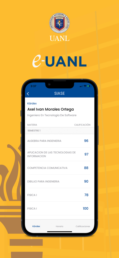 Una pantalla de aplicación móvil de e-UANL Campus Digital que muestra el registro académico de un estudiante con nombres de asignaturas y calificaciones finales.