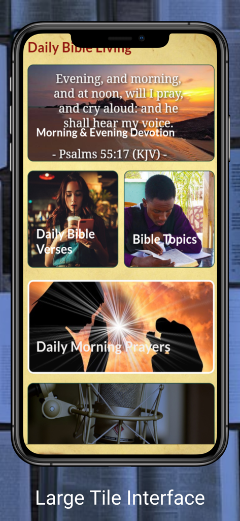 BBE Basic English Bible - Pantalla de inicio de la aplicación BBE Basic English Bible que muestra grandes mosaicos para devociones diarias, oraciones y versículos