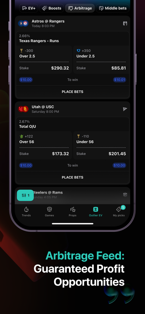 Outlier app interface displaying arbitrage betting opportunities and stake calculations for sports matchups.
