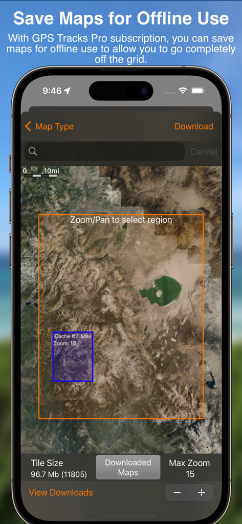 Interfaz de la aplicación GPS Tracks para seleccionar y descargar mapas satelitales para uso sin conexión