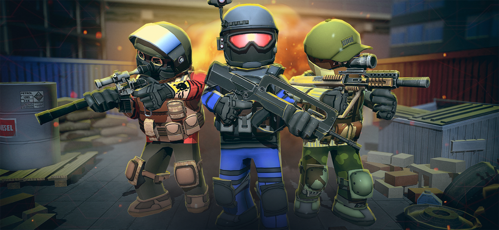 KUBOOM: Online shooting games - KUBOOMモバイルゲームで爆発を背景に武器を持った装備の3つのブロック状の戦術キャラクター