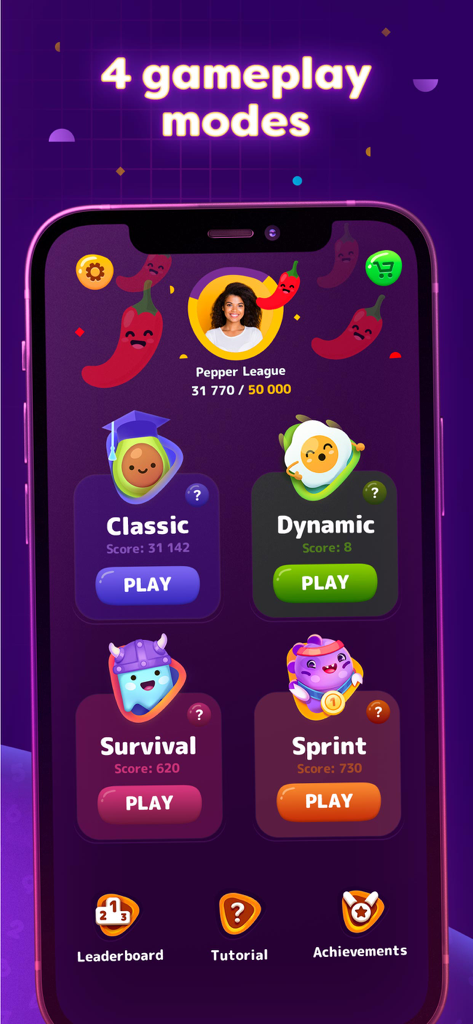 Numberzilla: Number Match Game - Numberzillaアプリのメニュー画面。クラシック、ダイナミック、サバイバル、スプリントの4つのゲームモードとカラフルなカートゥーンマスコットが表示されています。