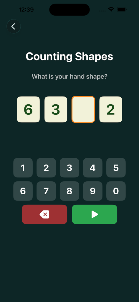 Bridge Begin: Card Game - A screen from the Bridge Begin app showing a counting shapes exercise with a numeric keypad for inputting card hand distribution.