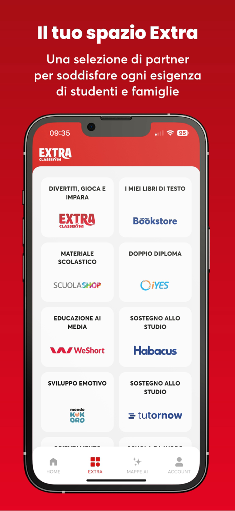 ClasseViva Extra - Smartphone che mostra la dashboard dell'app ClasseViva Extra con servizi educativi come libreria, materiale scolastico e tutoraggio