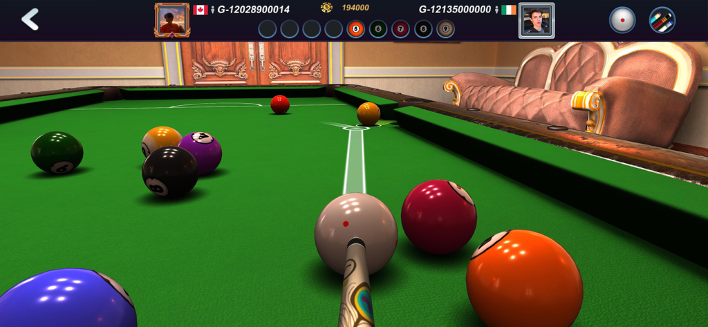 A first-person perspective of aiming a cue stick at a white cue ball on a realistic 3D billiards table.