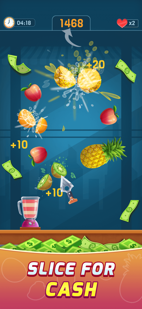 Fruit Splash: Slice & Win Cash - Gameplay screen of Fruit Splash showing sliced fruit and cash rewards