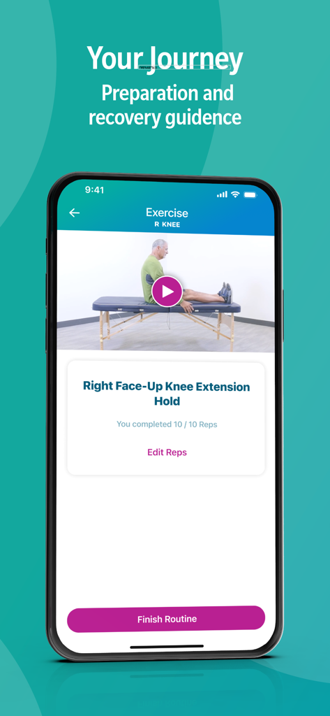 mymobility Patient App - La aplicación mymobility muestra un video de un ejercicio de extensión de rodilla para la rehabilitación postoperatoria.