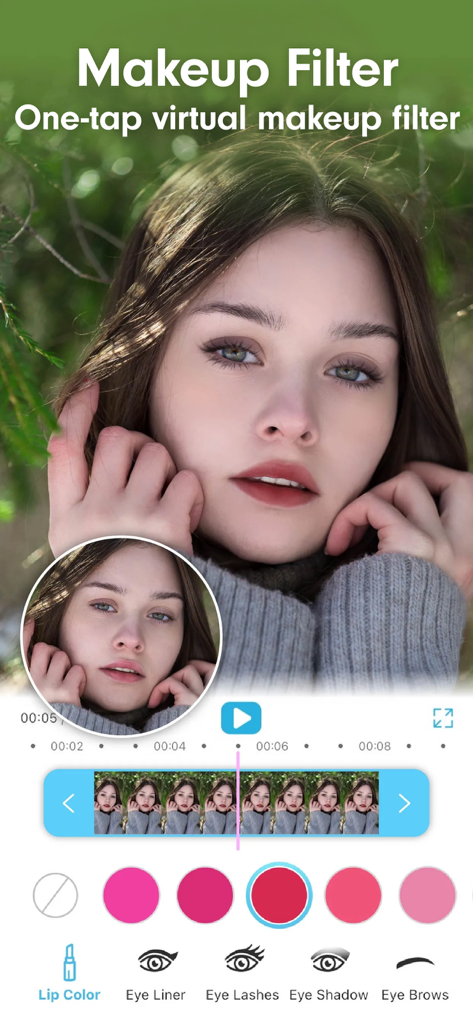 Oberfläche der YouCam Video App, die einen virtuellen Make-up-Filter mit Lippenstift- und Augen-Make-up-Optionen für die Videoretusche zeigt