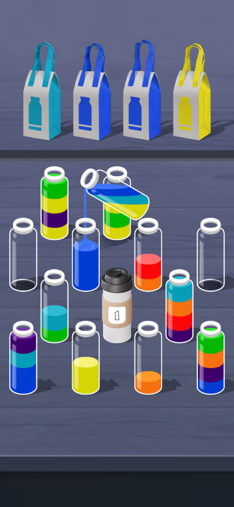 来点颜色看看 - 倒水游戏挑战我最强 - Water sort puzzle game screen with colorful liquid in glass bottles