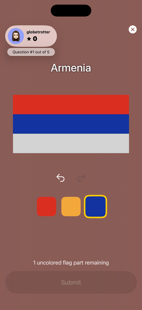Geognosis - Geography Quiz - Screenshot of the Geognosis app showing a flag coloring quiz for Armenia