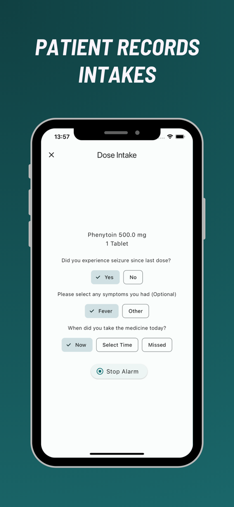 SmartDose app interface for patients to record medication doses and track health symptoms