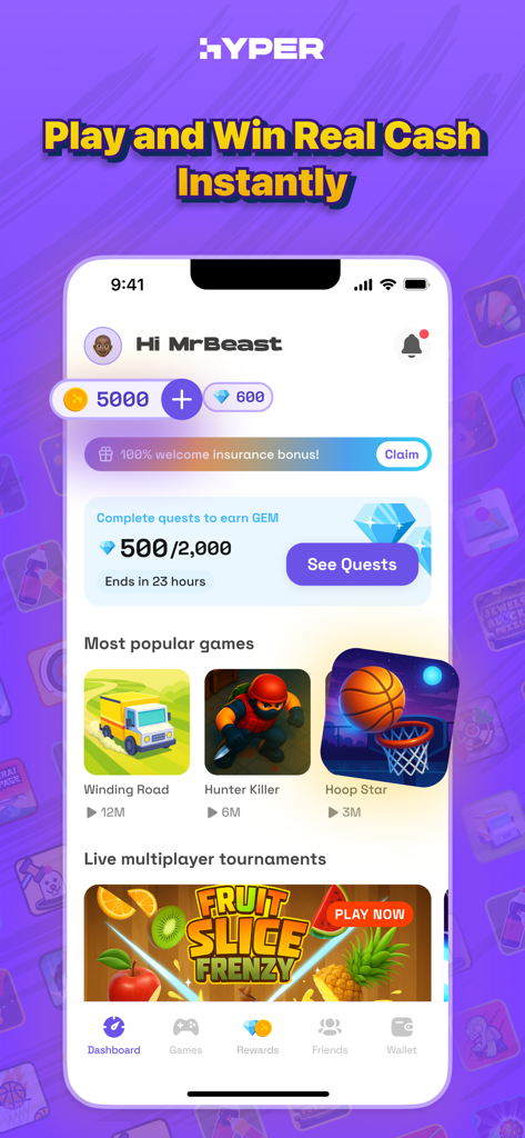 Hyper app dashboard featuring popular games and real cash prize tagline