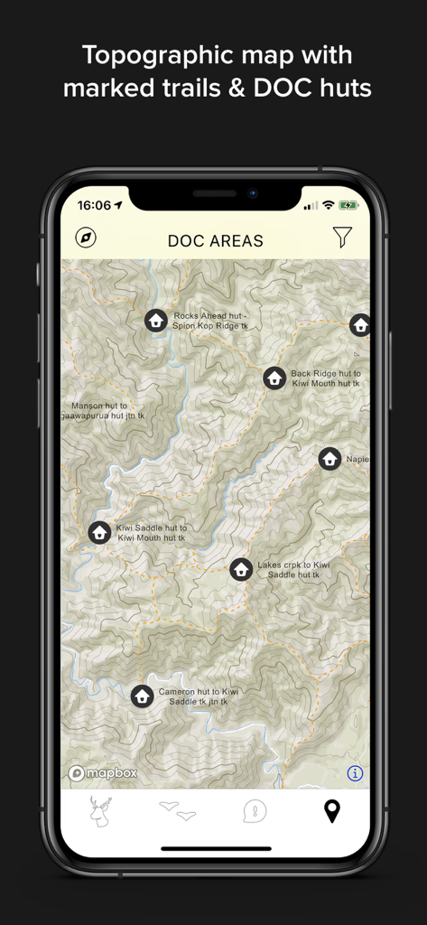 Game Calls NZ - Topographical map screen of the Game Calls NZ app showing hunting trails and DOC huts.