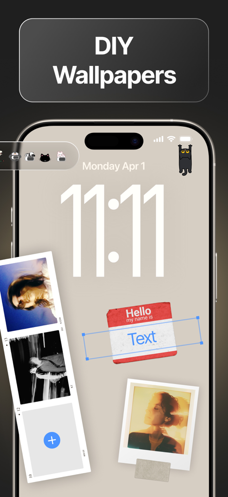 Una vista previa de la función de creador de fondos de pantalla DIY en la app WallPics mostrando una pantalla de bloqueo de iPhone personalizada con fotos tipo polaroid y pegatinas.
