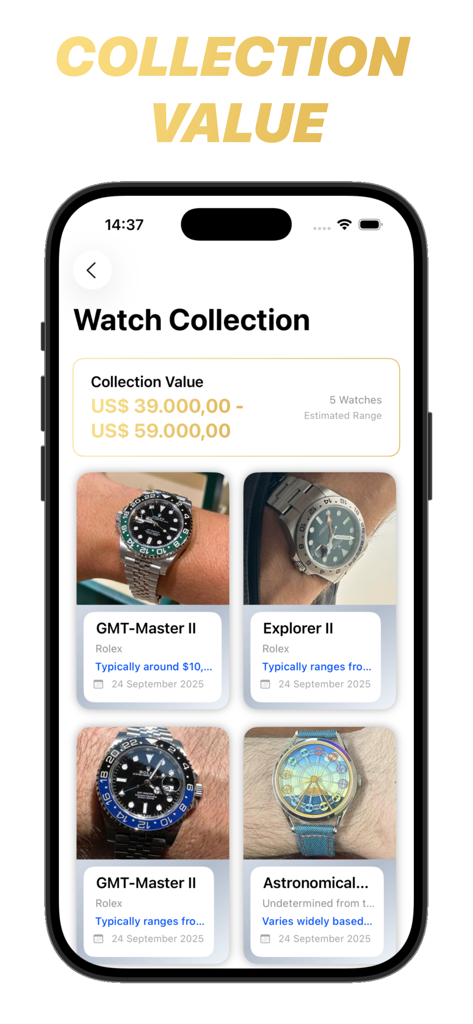 Watch Scanner & Identifier - Screenshot of the Watch Scanner app showing a collection of luxury watches and their estimated total market value