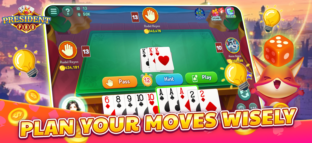 President Pro ZingPlay - Interfaz del juego de cartas móvil President Pro ZingPlay con el texto Planifica tus movimientos sabiamente