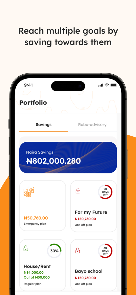 Interfaz de la aplicación móvil que muestra la cartera de ahorros de Ladda con múltiples planes basados en metas en Naira nigeriano