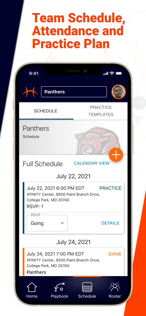 Hoops Lab - Captura de pantalla de la aplicación Hoops Lab mostrando un calendario de baloncesto de equipo con detalles de entrenamientos y partidos.