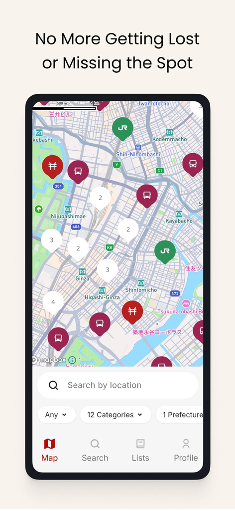 Stamp Quest - Interactive map of the Stamp Quest app showing locations for Japanese train station stamps.
