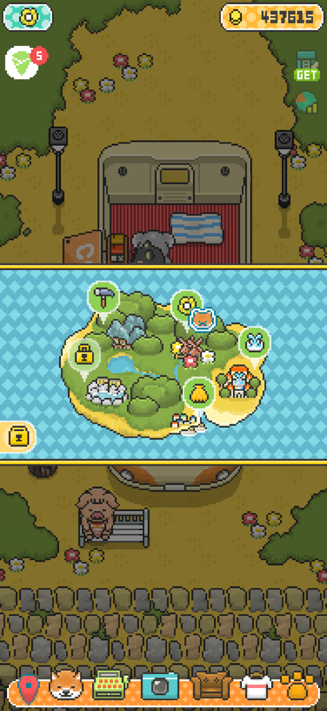 Food Truck Pup - A pixel art map of an island with location icons in the Food Truck Pup mobile game.