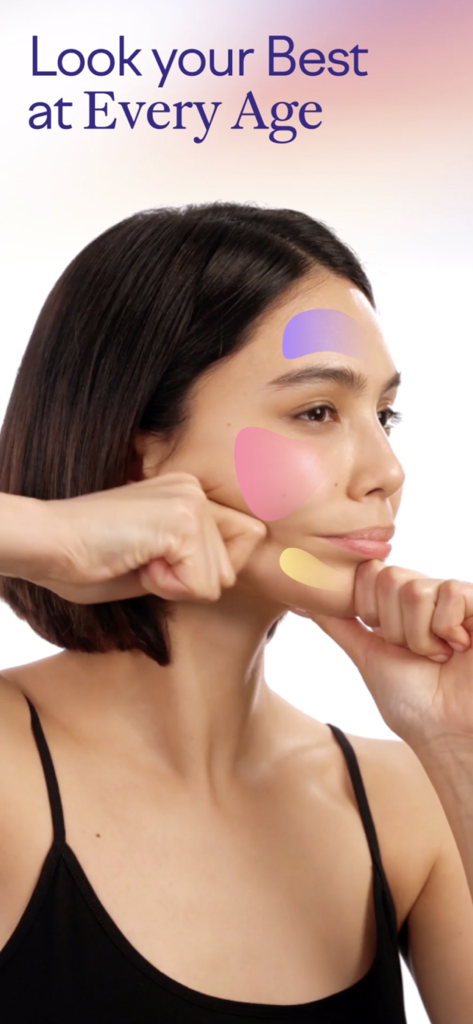 Glowbe – Face Yoga & Massage - A woman practicing face yoga massage with color-coded treatment zones on her forehead cheek and jaw