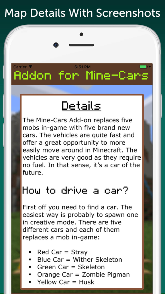 MineCars AddOn for Minecraft PE - Dettagli del MineCars AddOn per Minecraft PE che spiegano come le auto sostituiscono i mob nel gioco
