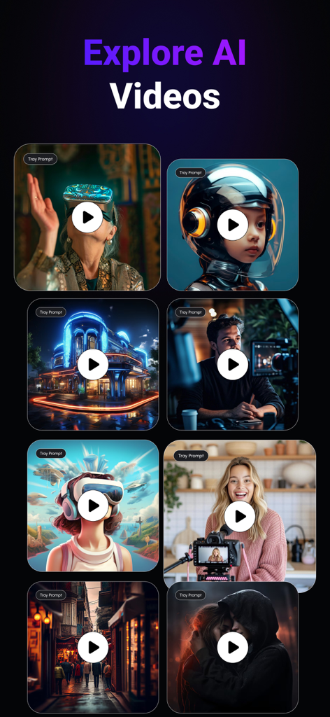 AI Video Generator & AI Maker - A grid of diverse AI generated video thumbnails showcasing different styles and characters in the app explore section