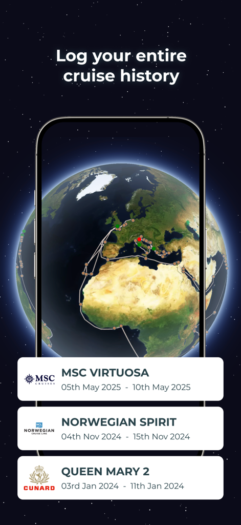 The Cruise Globe - The Cruise Globe app interface showing a 3D map of cruise routes and a list of past voyages