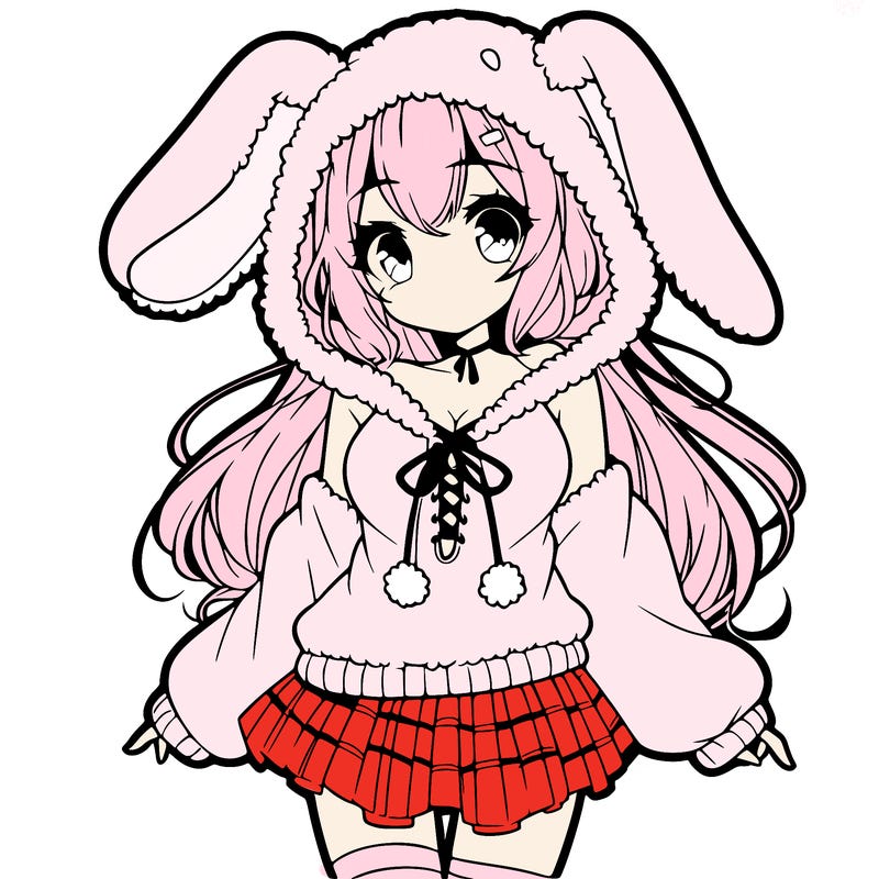pretty anime girl wearing a fluffy hoodie with bunny ears on the hood and a skirt