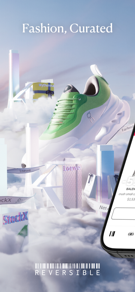 REVERSIBLE - Fashion, Curated - Surreal digital city in the clouds with luxury fashion brands and a large designer sneaker