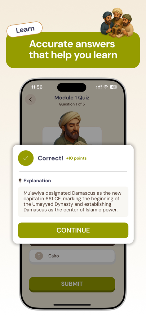 Archives - Islamic History - Pantalla de respuesta correcta en la aplicación Archivos que muestra una explicación histórica sobre la Dinastía Omeya.
