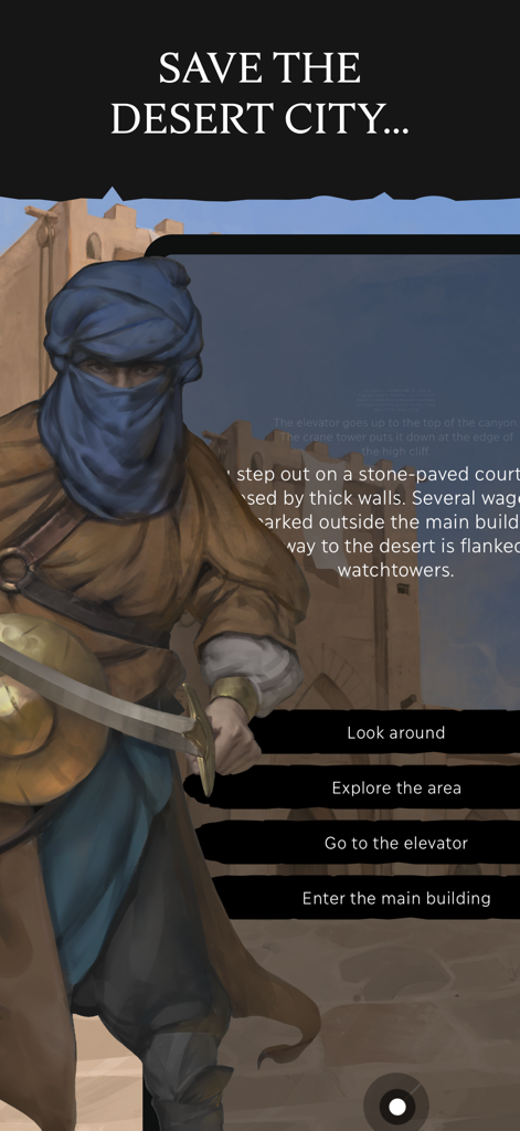 Eldrum: Black Dust - Text RPG - A desert warrior character in the text-based RPG Eldrum Black Dust with branching story options