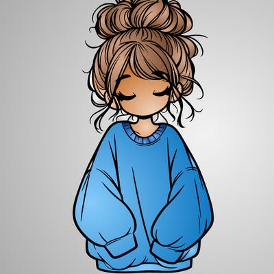 girl with baggy sweatshirt and messy bun