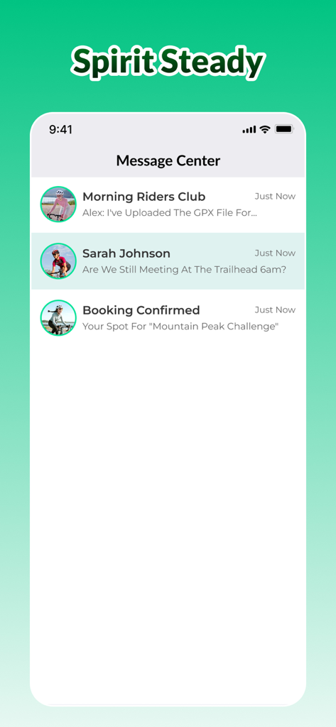 Yeka - Interface of the Yeka app message center showing notifications from cycling clubs and friends regarding rides and challenges