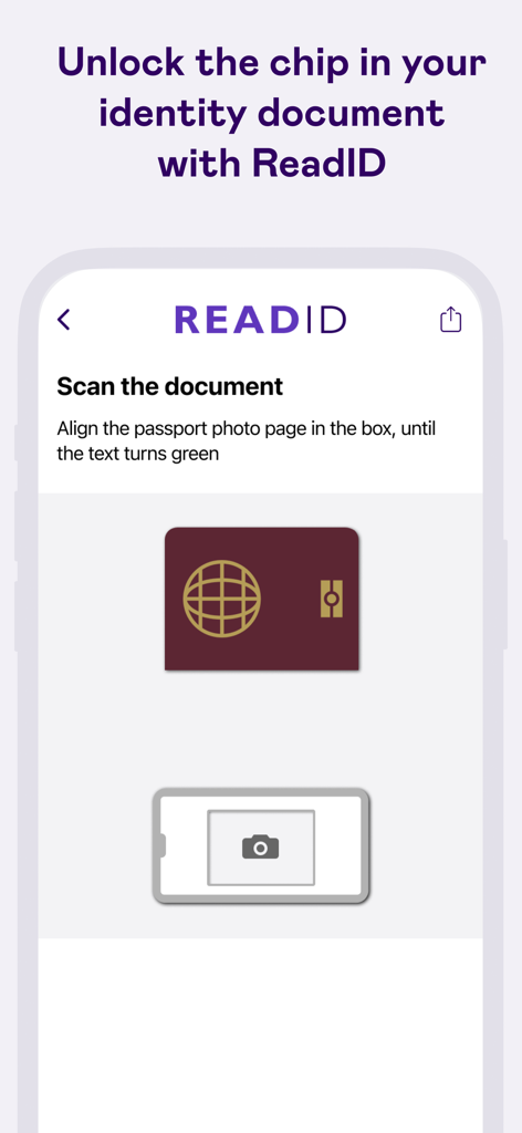 ReadID Me - ReadID Me app interface showing instructions to scan an identity document passport page
