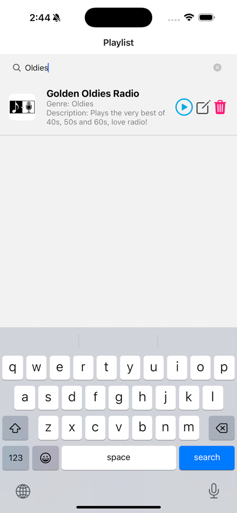 Radio: Create Stations - Écran d'iPhone montrant la fonction de recherche dans la playlist et un résultat pour une station radio personnalisée.