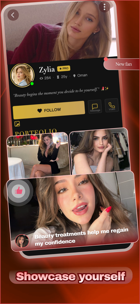 Whisper - Chat Charm - A mobile interface for the Whisper app showing a user profile named Zylia with photos and a showcase yourself tagline.