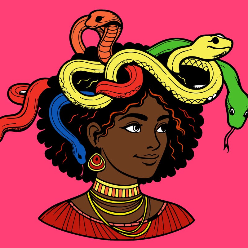 realistic woman snakes on head
