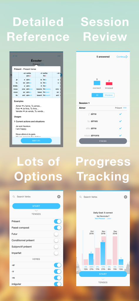 Conjuu - French Conjugation - Screenshots of the Conjuu French Conjugation app showing verb reference tables practice session reviews customization options and progress tracking charts