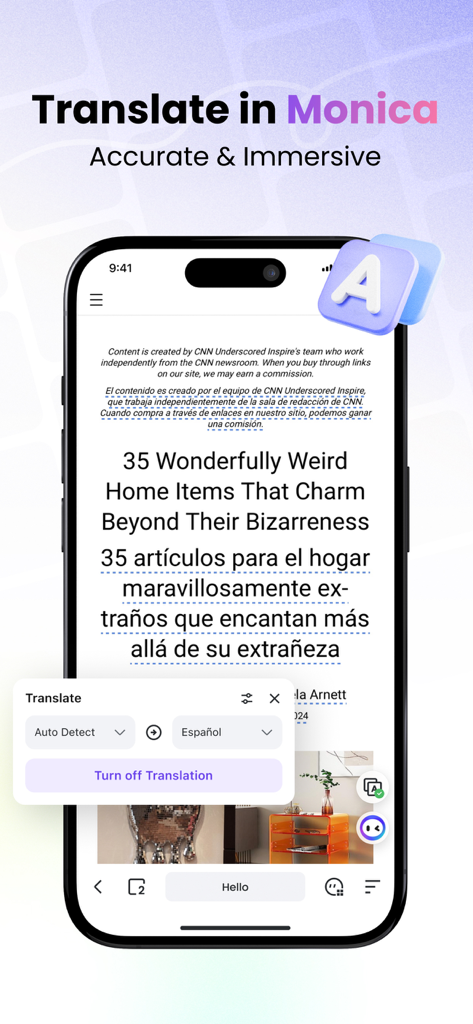 Monica Search: AI Search & GPT - Application Monica Search affichant une traduction immersive d'article bilingue sur un appareil mobile